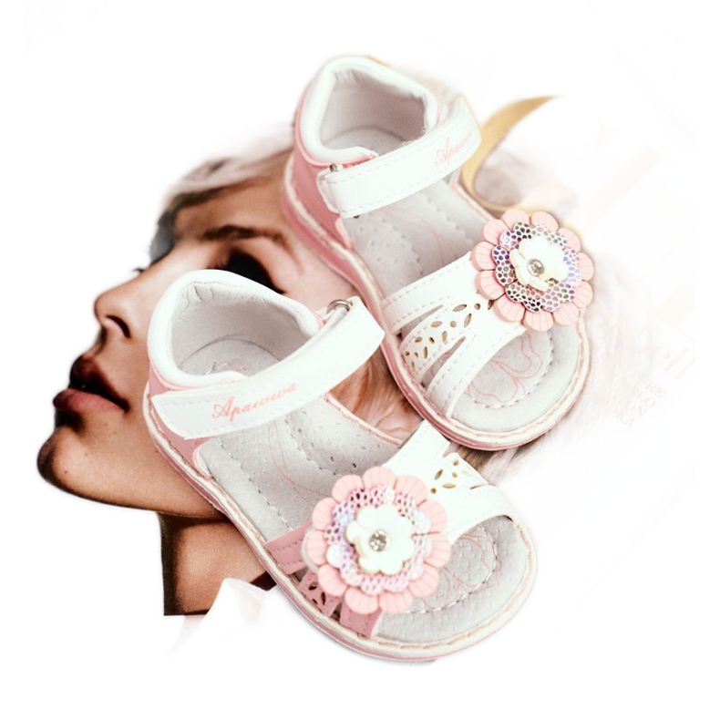 Apawwa Sandały Dziecięce na Rzepy Kwiatuszek Różowe Mino białe 1