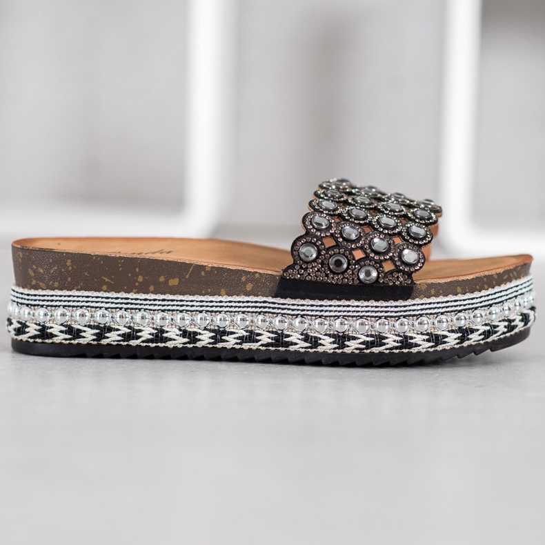 Renda Klapki Z Ozdobami Na Platformie czarne 2