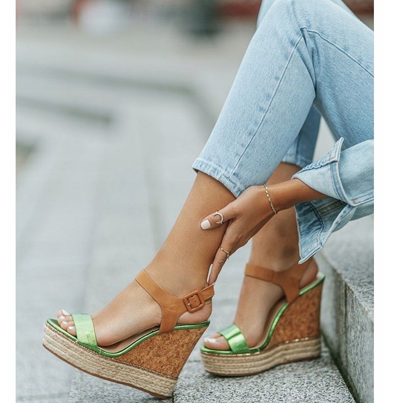 Zielone sandały na koturnie espadryle VB76063 beżowy 2