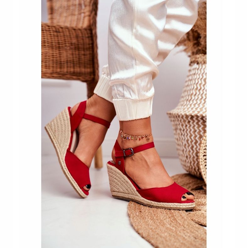 Sandały Damskie Na Plecionej Koturnie Big Star Czerwone DD274A213 2