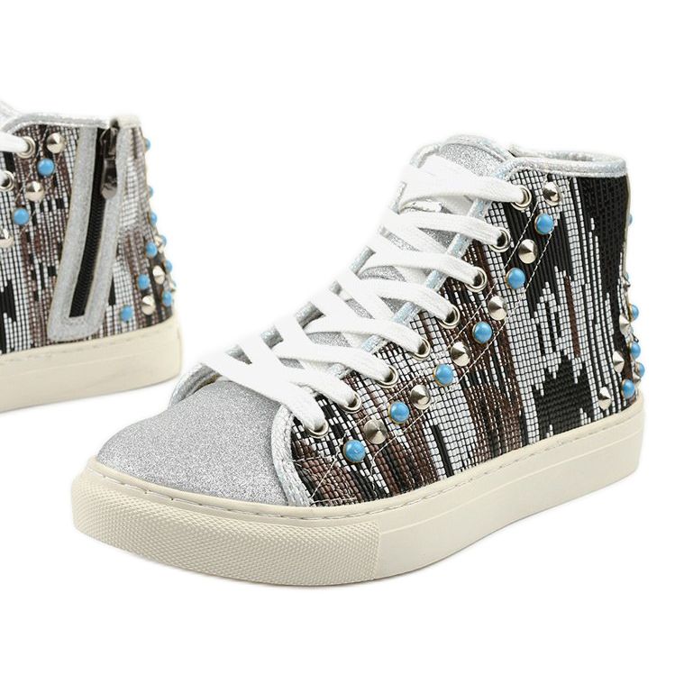Srebrne wysokie trampki bogato zdobione D17-27027 srebrny szare wielokolorowe 1