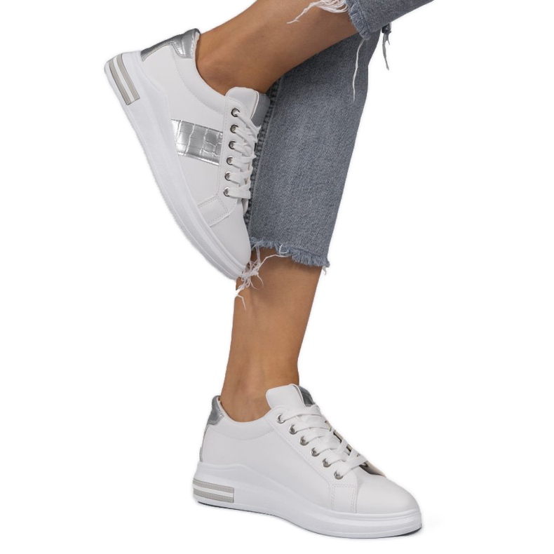 Białe modne sneakersy trampki z eko-skóry C912 srebrny szare 1