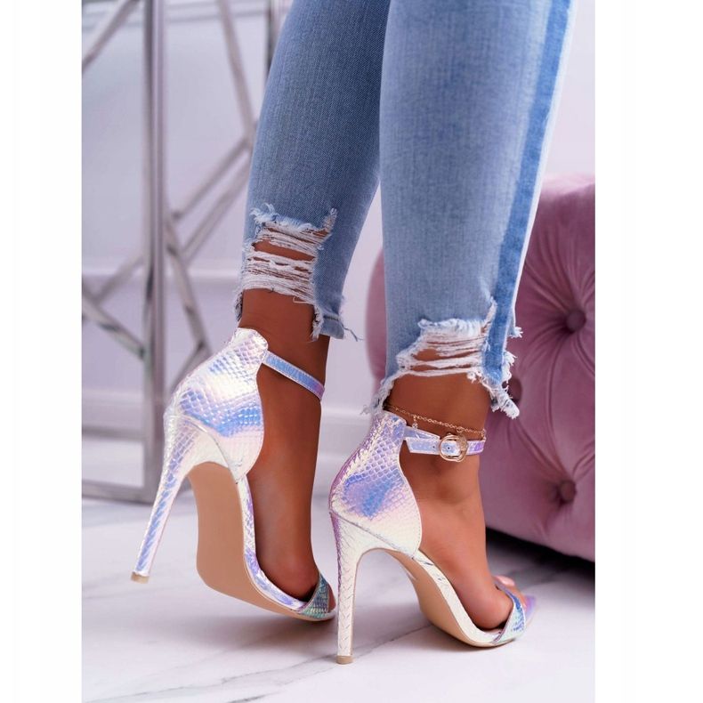 Sandały Damskie Na Szpilce Lu Boo Opalizujące Debbi białe różowe srebrny 2