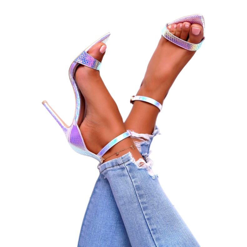 Sandały Damskie Na Szpilce Lu Boo Opalizujące Debbi białe różowe srebrny 3