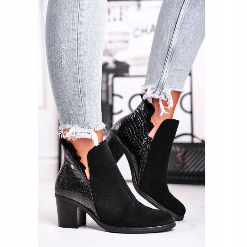 Botki Damskie Na Słupku Skórzane Wiosenne Maciejka Czarne 04833-01 2