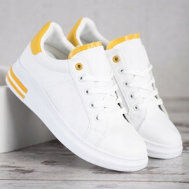SHELOVET Modne Wiązane Sneakersy białe żółte 3
