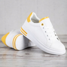 SHELOVET Modne Wiązane Sneakersy białe żółte 4