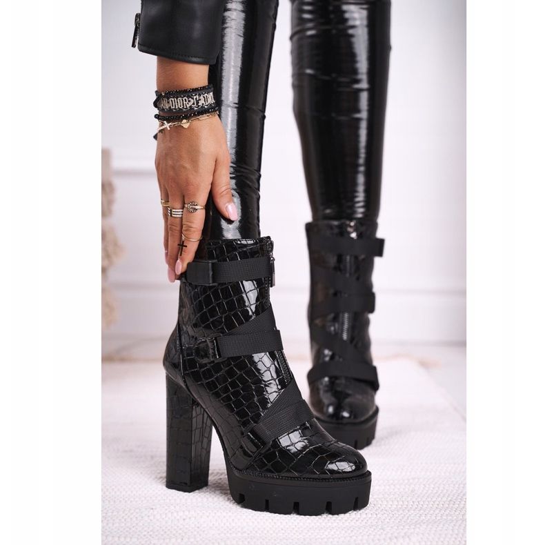 FE1 Damskie Botki na Słupku Wysokie Czarne Hortego 1