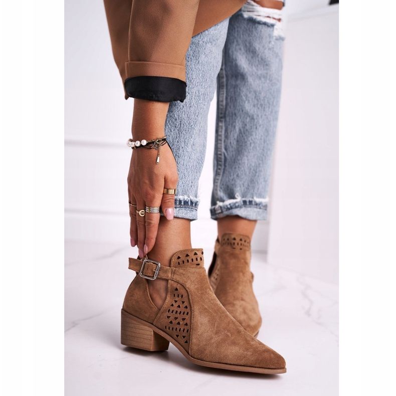FB1 Damskie Botki Na Obcasie Zamszowe Klamra Camel Esen brązowe 1