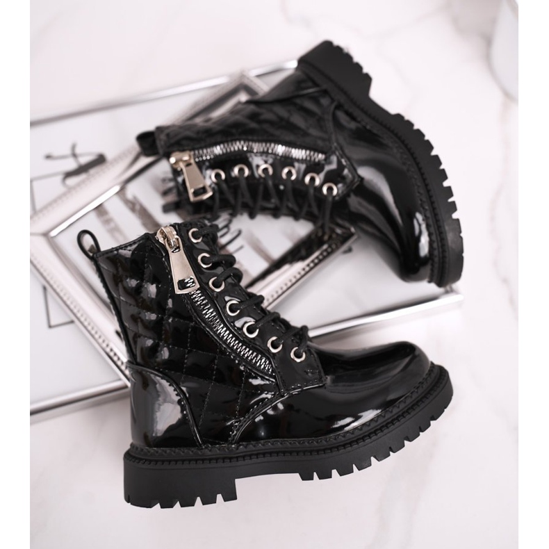 FRROCK Dziecięce Botki Ocieplone Futerkiem Lakierowane Czarne Say You 1