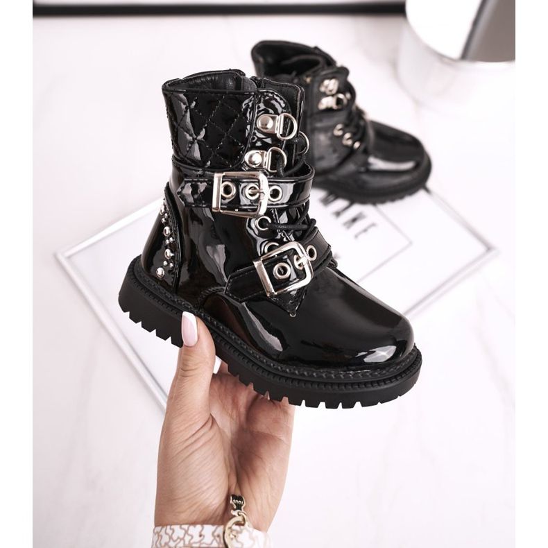 FRROCK Dziecięce Botki Ocieplone Futerkiem Lakierowane Czarne Dolly 1