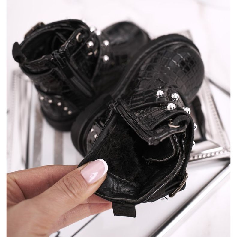 FRROCK Dziecięce Botki Ocieplone Futerkiem Lakierowane Czarne Mary 1