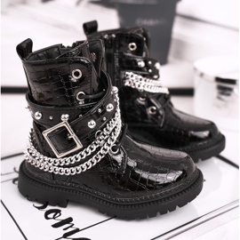 FRROCK Dziecięce Botki Ocieplone Futerkiem Lakierowane Czarne Dolly 1