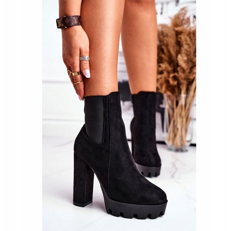 FW1 Botki Damskie Na Słupku Eko-Zamsz Czarne Juliet 2