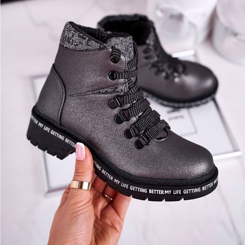 Dziecięce młodzieżowe botki z kożuszkiem szare Snowflake 2