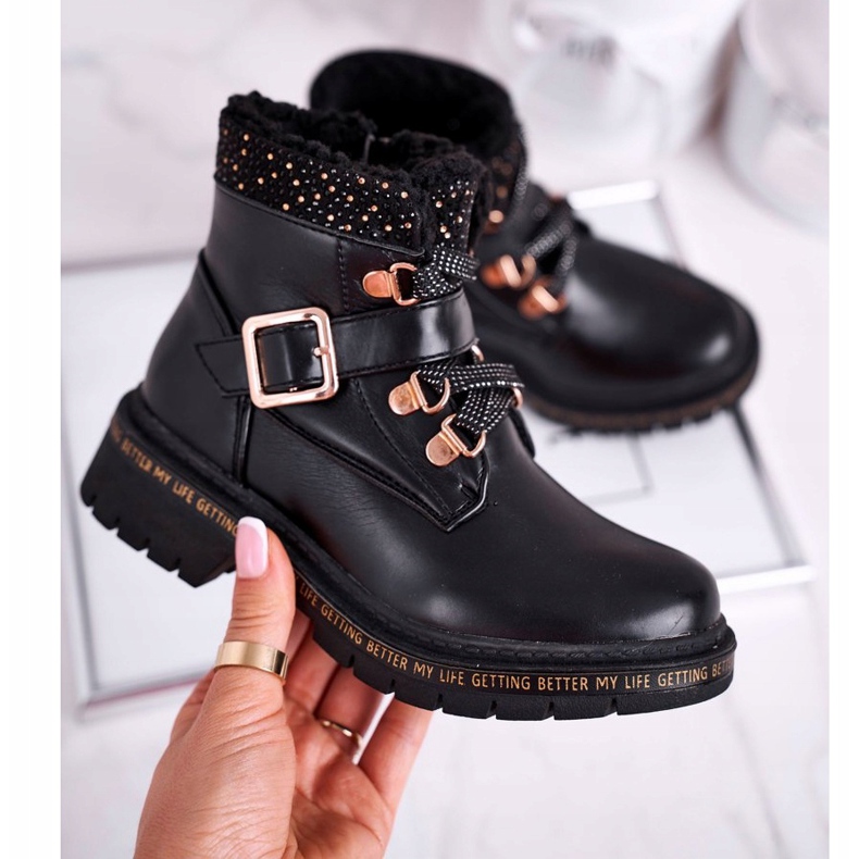 Dziecięce młodzieżowe botki z kożuszkiem czarne Rhythm 2