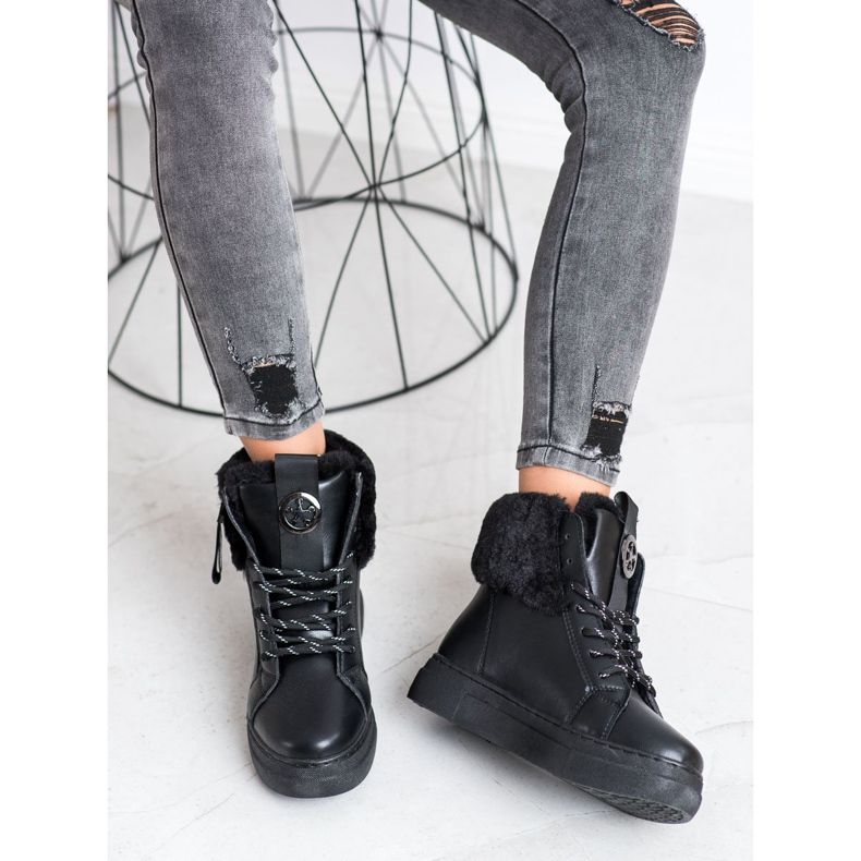 Weide Wiązane Botki Z Futerkiem czarne 2