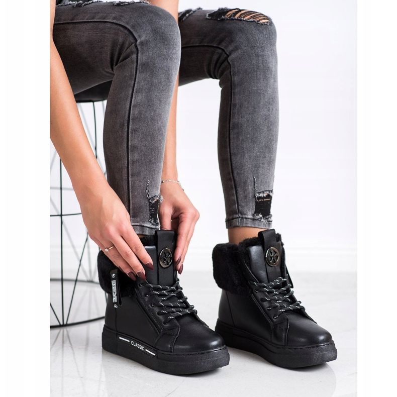 Weide Wiązane Botki Z Futerkiem czarne 1