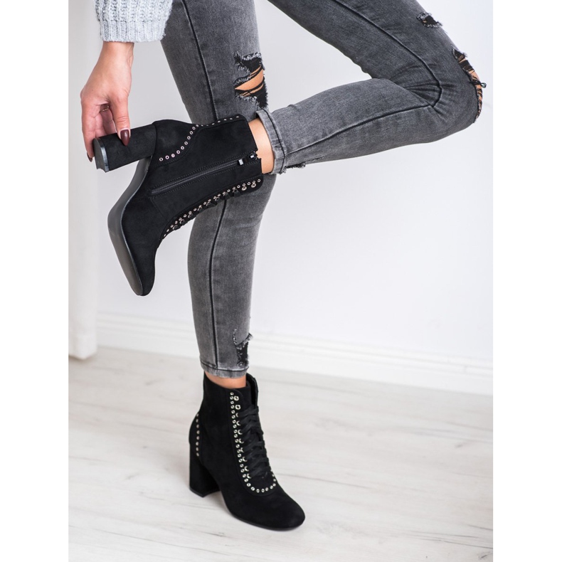 SHELOVET Wiązane Botki Na Słupku czarne 1