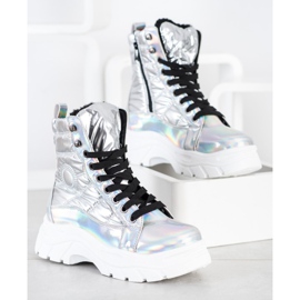 SHELOVET Pikowane Traperki Fashion srebrny 1