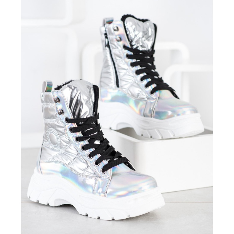 SHELOVET Pikowane Traperki Fashion srebrny 1