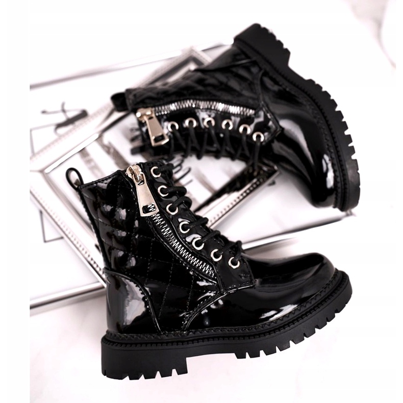 FRROCK Dziecięce Botki Ocieplone Futerkiem Lakierowane Czarne Say You 2