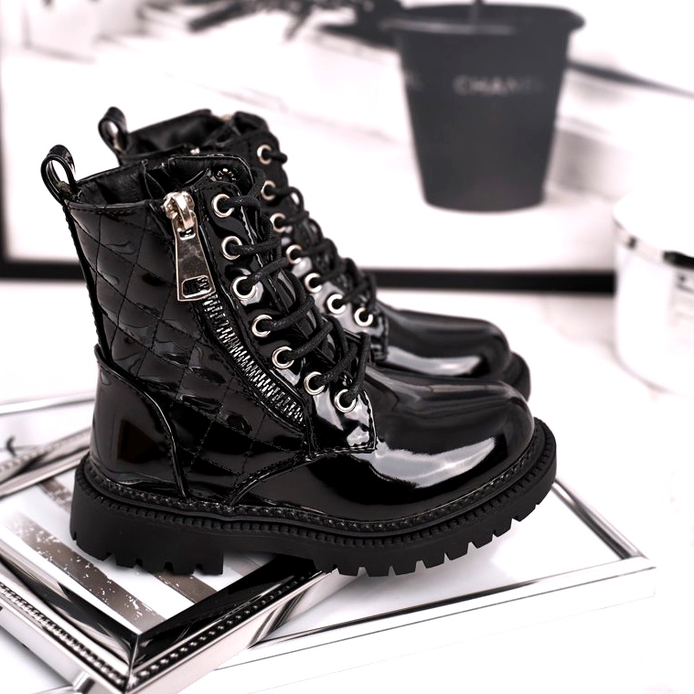 FRROCK Dziecięce Botki Ocieplone Futerkiem Lakierowane Czarne Say You 1