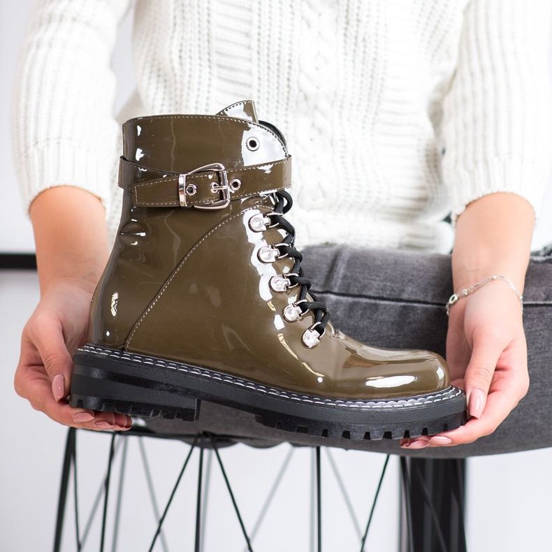 SDS Modne Lakierowane Traperki zielone 2