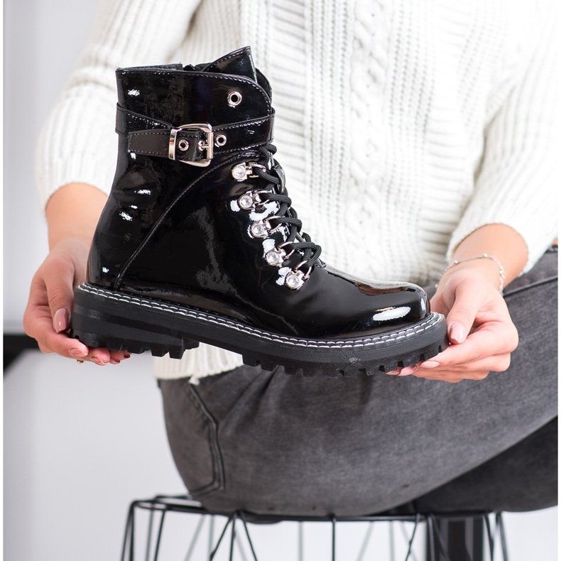 SDS Modne Lakierowane Traperki czarne 2