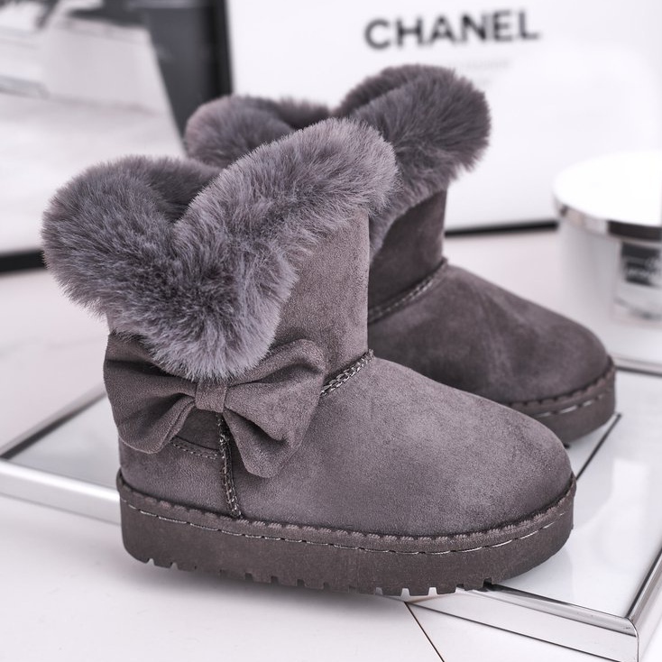 FRROCK Dziecięce botki śniegowce z futerkiem kokardką szare Vella 1