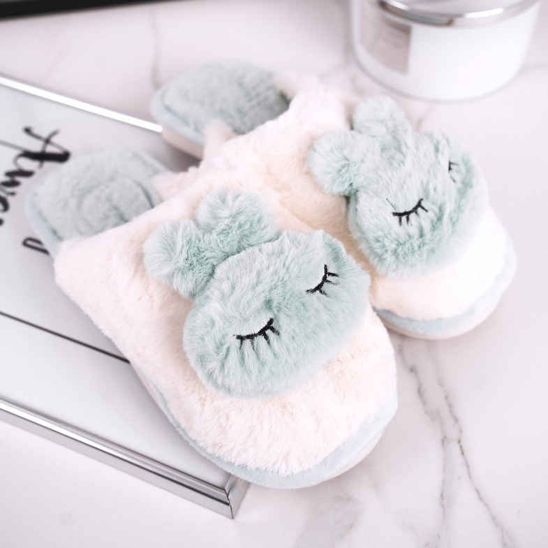 Papcie Damskie Futrzane Jasno Zielone Rabbit różowe 1