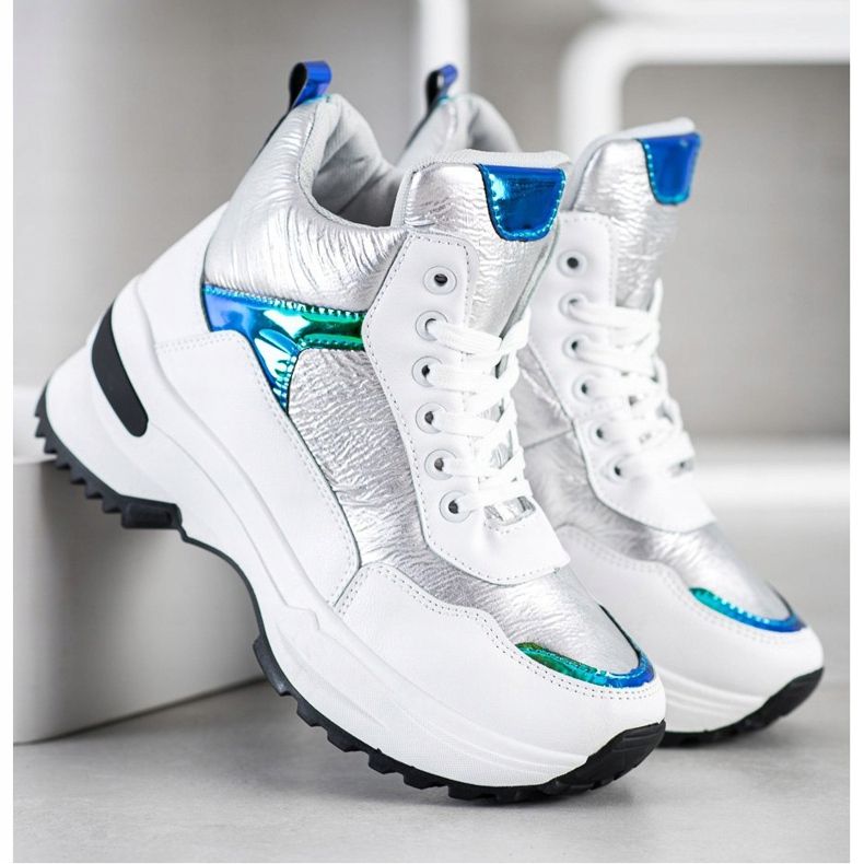 Ideal Shoes Wysokie Sneakersy Z Eko Skóry białe srebrny 1
