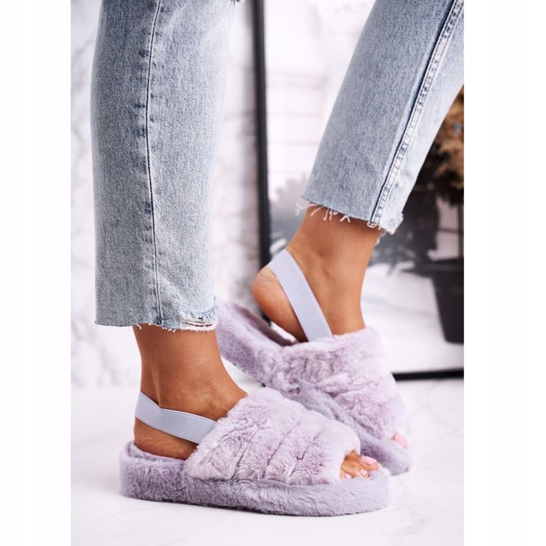 FJ1 Papcie Damskie na Platformie Futrzane Fioletowe Snowflake 2