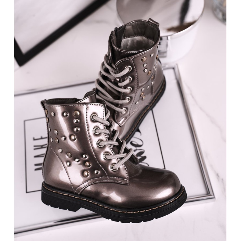 Dziecięce Ocieplane Botki z Dżetami Lakierowane Fame srebrny szare 1