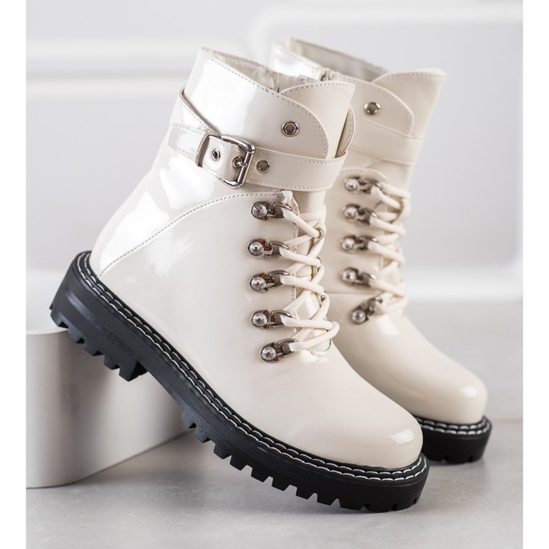 SDS Modne Lakierowane Traperki białe 2