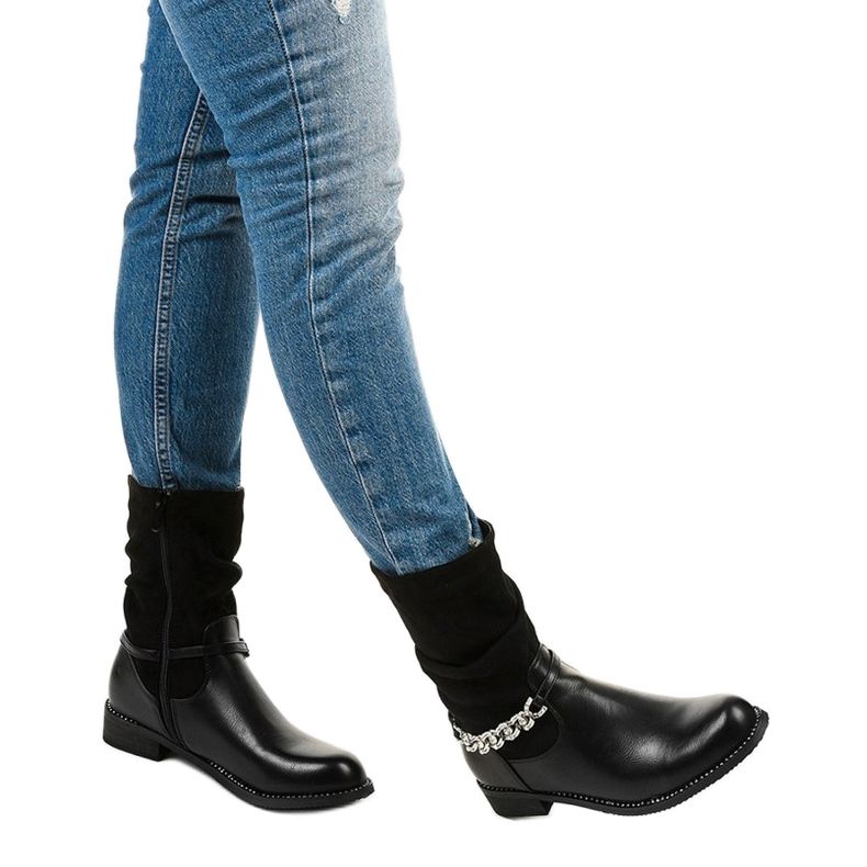 Czarne płaskie botki ocieplane na suwak Petgella srebrny 1