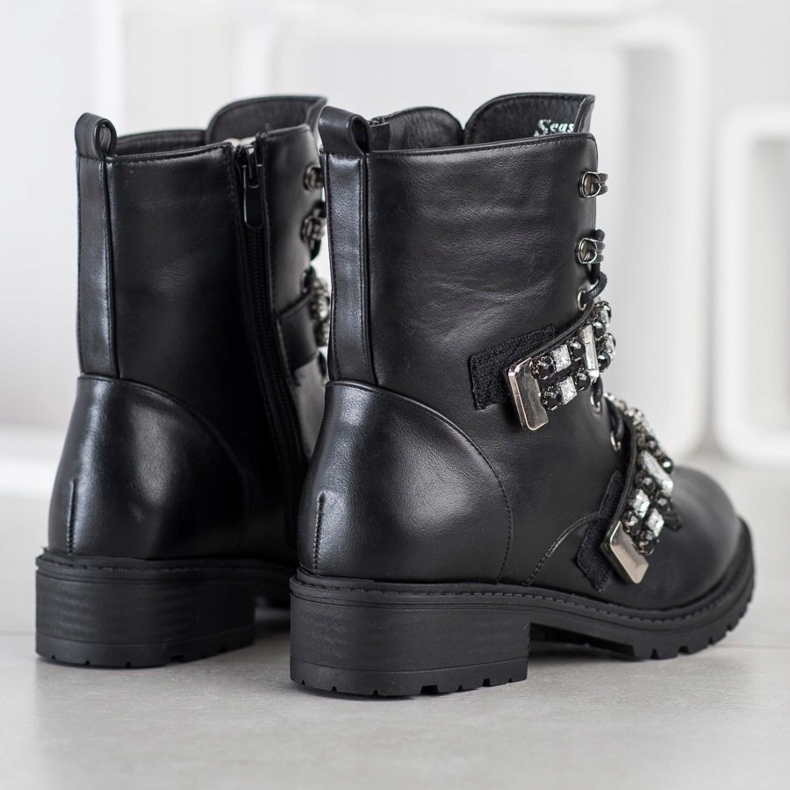 Seastar Sznurowane Workery Z Kryształkami czarne 2