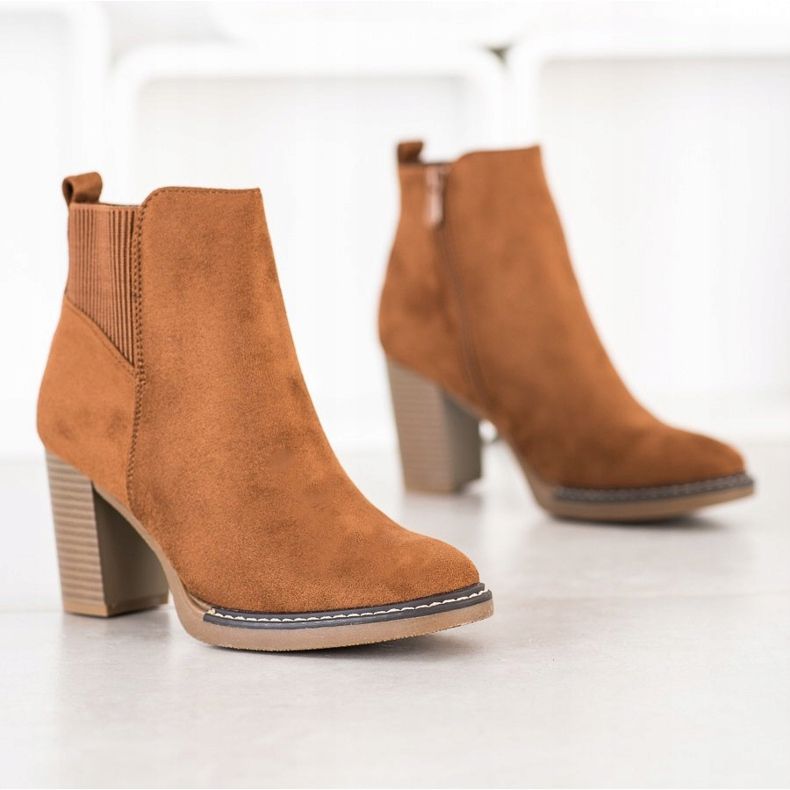 Super Mode Camelowe Botki Na Słupku brązowe żółte 1