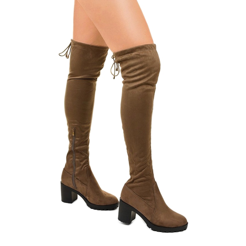 Zamszowe kozaki na słupku khaki Hekrana zielone 1