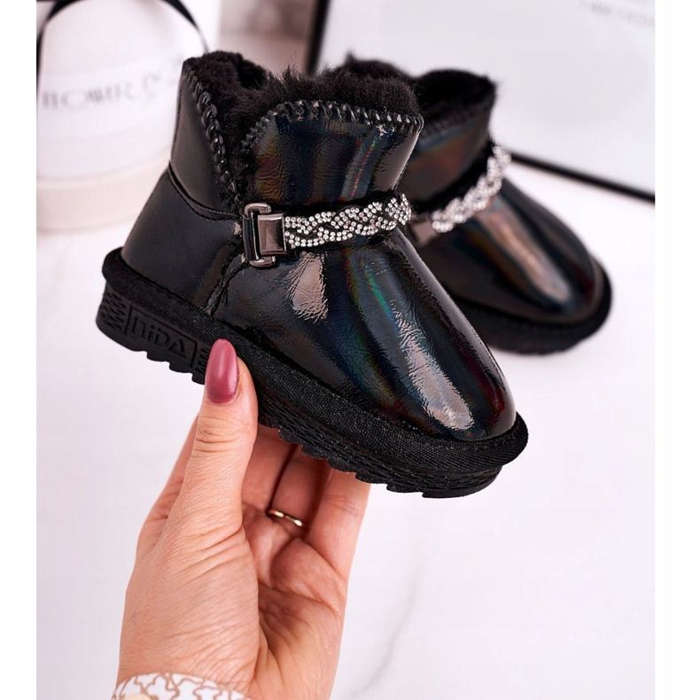 Apawwa Dziecięce Botki Śniegowce Z Futerkiem Benzynowe Czarne Princess 1