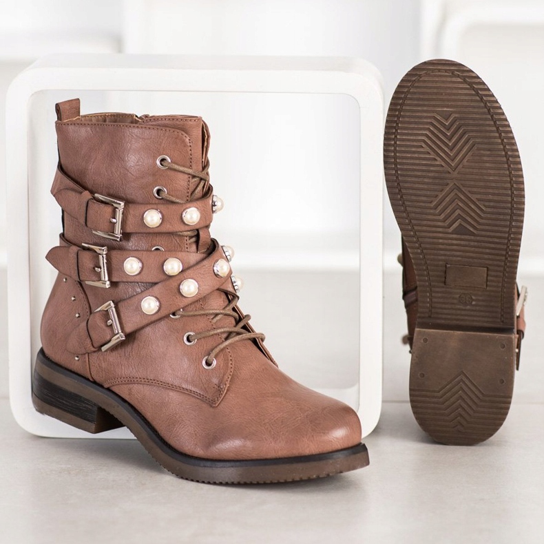 Super Me Botki Z Perłami brązowe 2