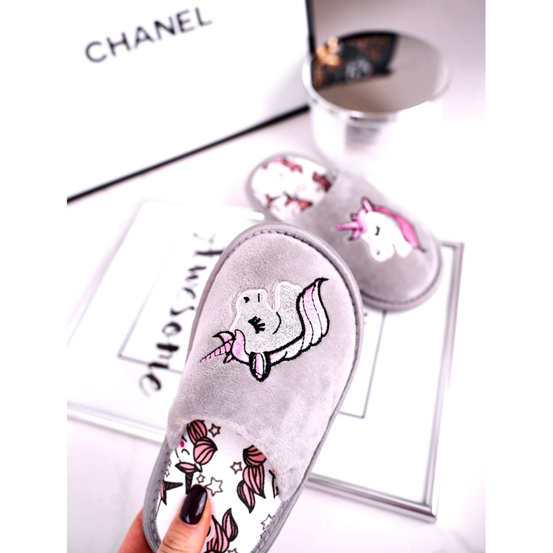 Dziecięce Klapki Papcie Z Jednorożcem Szare Unicorn różowe srebrny 2