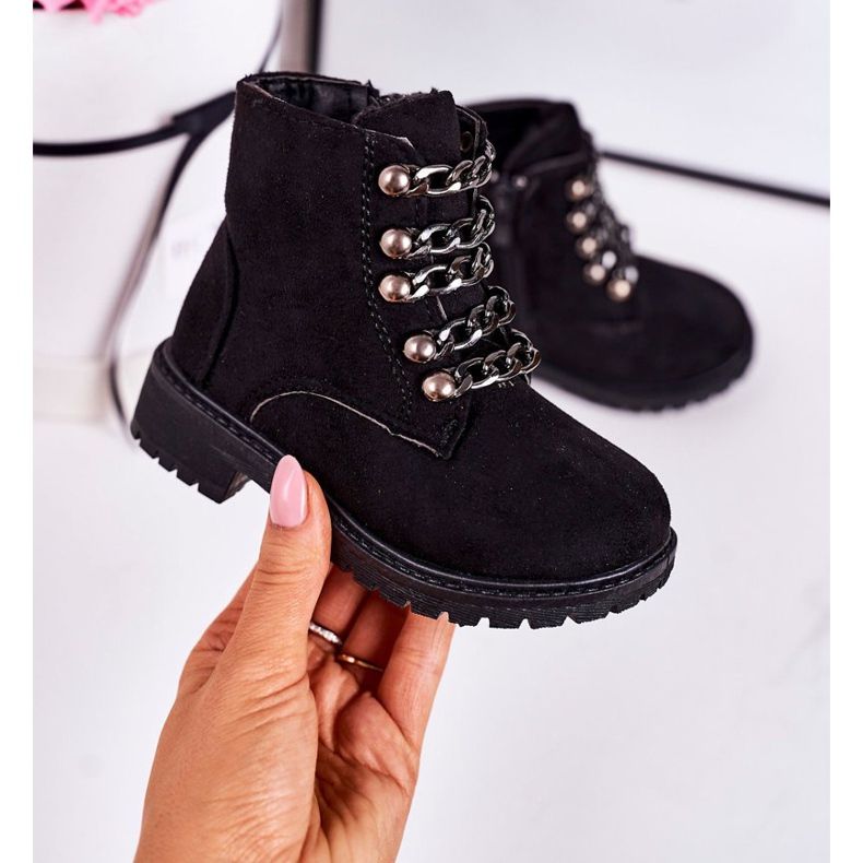 Dziecięce Ocieplane Traperki Eko Zamsz Łańcuch Czarne Rock&Roll 2