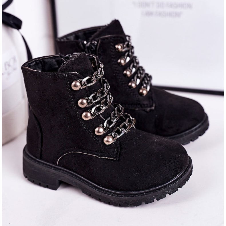 Dziecięce Ocieplane Traperki Eko Zamsz Łańcuch Czarne Rock&Roll 1