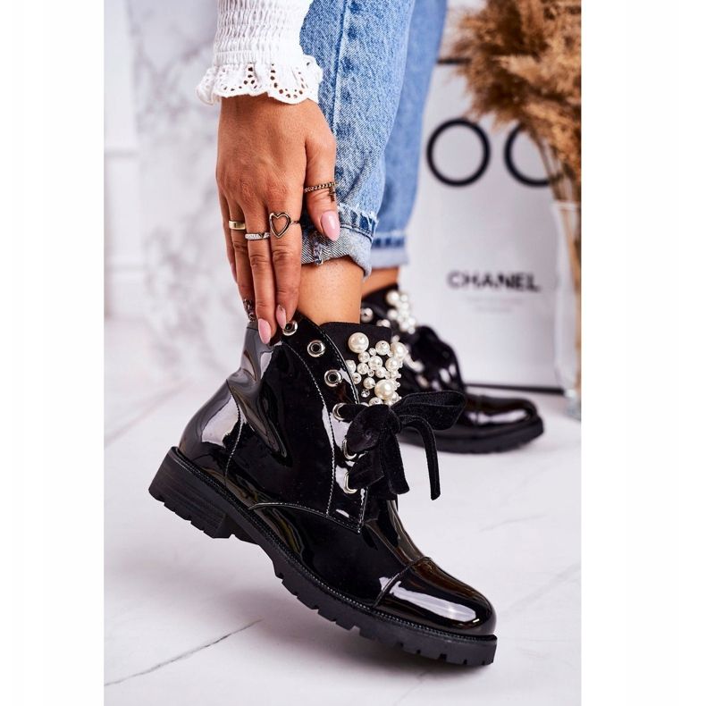 PS1 Damskie Ocieplane Botki Z Perełkami I Wstążką Lakierowane Perla czarne 1