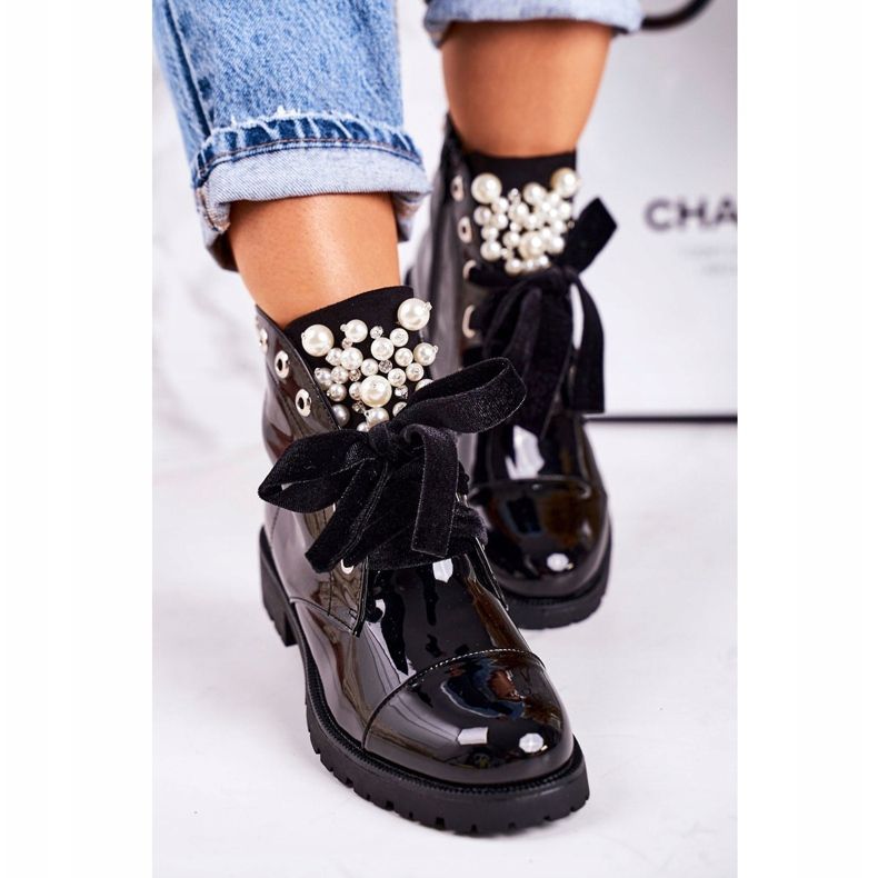 PS1 Damskie Ocieplane Botki Z Perełkami I Wstążką Lakierowane Perla czarne 2