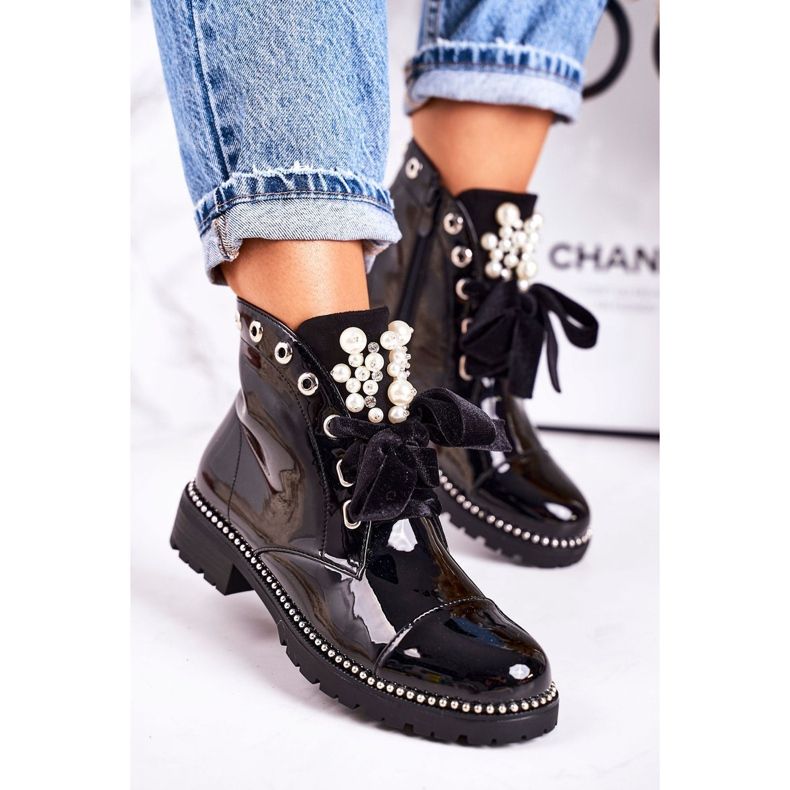 PS1 Damskie Ocieplane Botki Z Perełkami, Dżetami I Wstążką Lakierowane Perla czarne 1