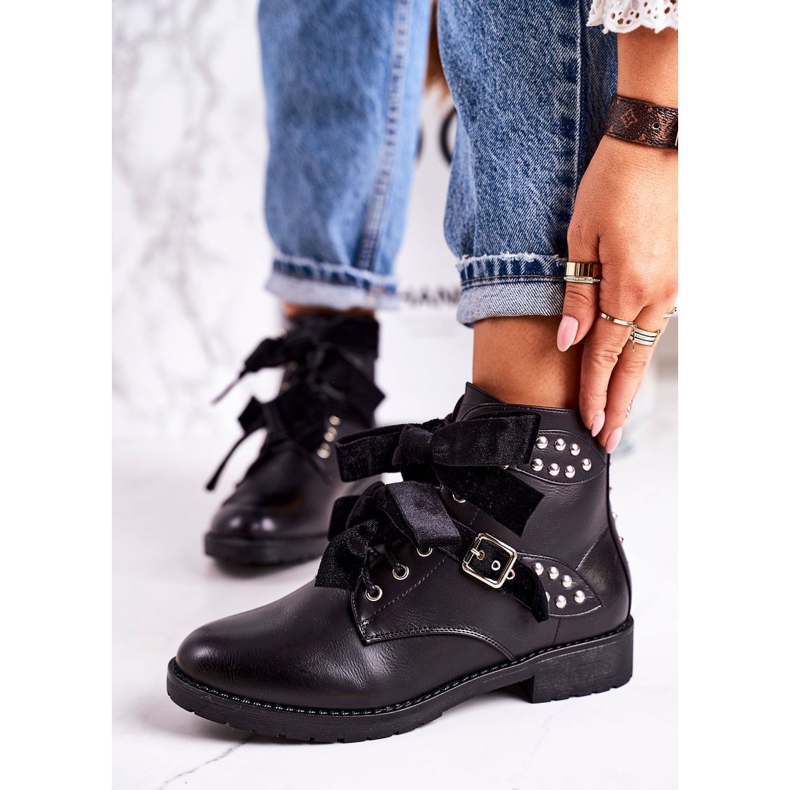 SEA Damskie Ocieplane Botki Z Klamrami I Wstążką Czarne Special 1