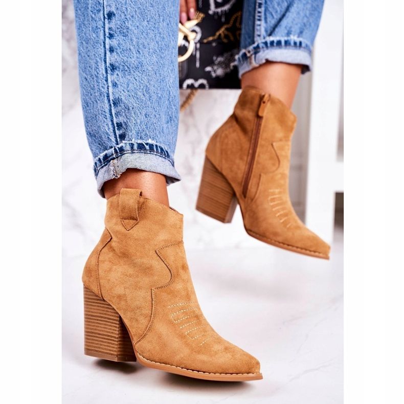MSMG Damskie Kowbojskie Ocieplane Botki Na Słupku Karmelowe Margaret brązowe 1