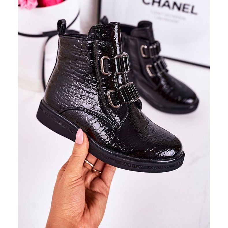 PL1 Dziecięce Ocieplane Botki Lakierowane Czarne Wzór Zwierzęcy Maya 2